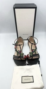 Gucci Ophelia Floral Embroidered T Strap Sandals in Black 41 Sz US 9.5 - Picture 1 of 13