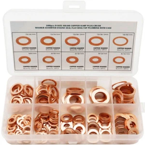 200Pcs 9 Size Solid Copper Washers Sump Plug Assorted Washer Kit Plastic Box - Picture 1 of 9