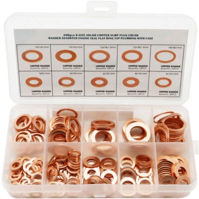 200Pcs 9 Size Solid Copper Washers Sump Plug Assorted Washer Kit Plastic Box