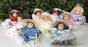 Vtg Set 9 Victorian Style Bisque Jointed Doll Dollhouse 3" H Porcelain Adorable - Picture 1 of 14