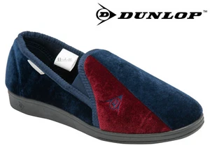 Mens Dunlop Full Slippers Velour Two-Tone Twin Gusset Comfy Warm Navy / Burgundy - Picture 1 of 5