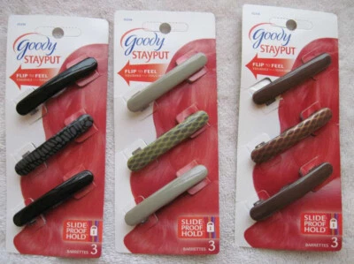 3 Goody Stay Put Slide Proof Hair Barrettes Secure Back Clips Blonde Black Brown - Image 1 of 4