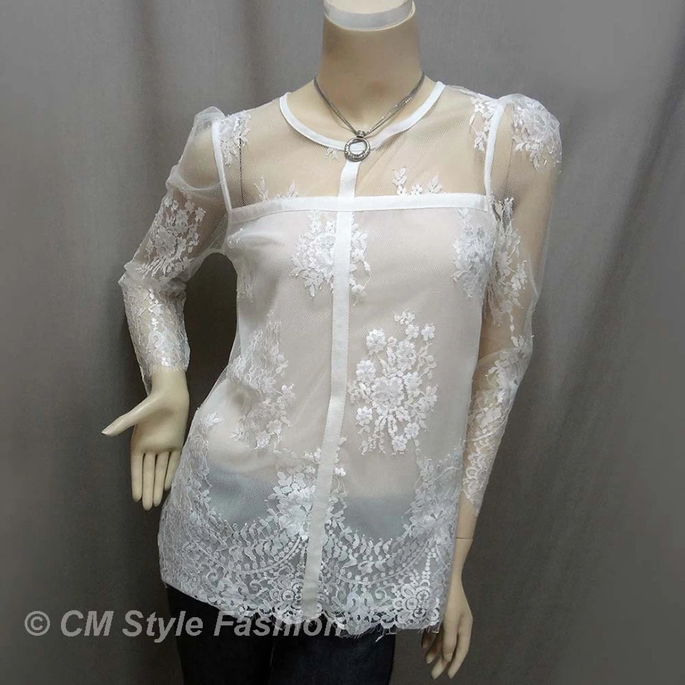 Blusa Top Estilo CM Sexy Transparente Hombro Encaje Floral Blanca S Foto 1 de 4