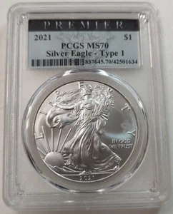 2021 $1 AMERICAN SILVER EAGLE PCGS MS70 TYPE 1 PREMIER LABEL - Picture 1 of 4