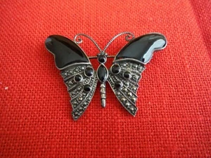BUTTERFLY PIN - BLACK AND MARCASITE STONES - Picture 1 of 2