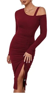 Women's Burgundy One-Shoulder Ribbed Midi Dress – Ruched Slit Bodycon NEW Small - Picture 1 of 4