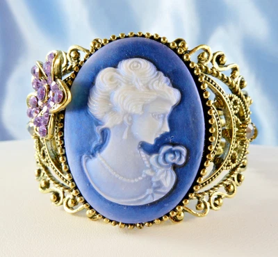 Lovely CAMEO Bangle Bracelet Blue Background Crystal Flower Accent - Image 1 of 4