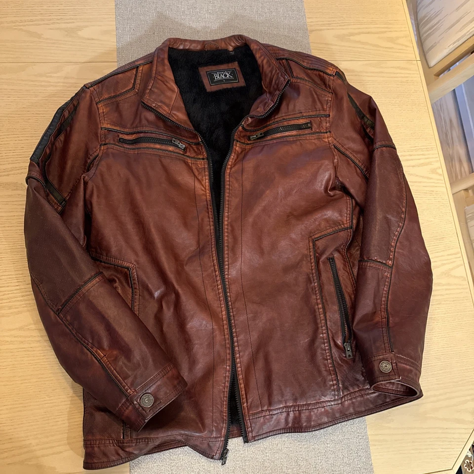Buckle Black Men’s Fleece Lined Faux Leather Motorcycle Jacket L Burgundy - Image 1 of 3