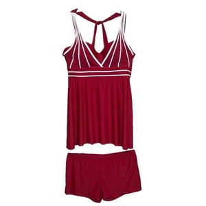 Tankini Swimsuit Womens 2XL Red White Strappy Mesh Swimdress Set Padded Cups - Picture 1 of 10