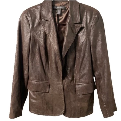 INC Women’s Small Espresso Brown Lined Sueded Metallic Leather Jacket - Image 1 of 4
