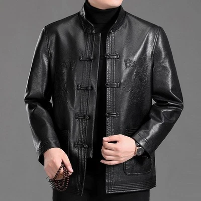 Middle Aged Elderly Tang Style Leather Jacket Velvet Embroidery Dad's  Men's Man - Image 1 of 4