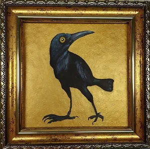 Crow Painting Bird Original Oil Painting Raven Wall Art Golden Painting Framed - Picture 1 of 10