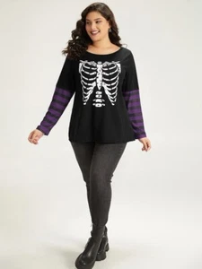 BloomChic Halloween Purple Striped & Skeleton Print Patchwork T-shirt Size 28/5X - Picture 1 of 7