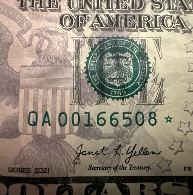 2021 - $ 5 Dollar Bill *STAR NOTE* RARE Low Serial Number QA 00166508* - Image 1 of 4
