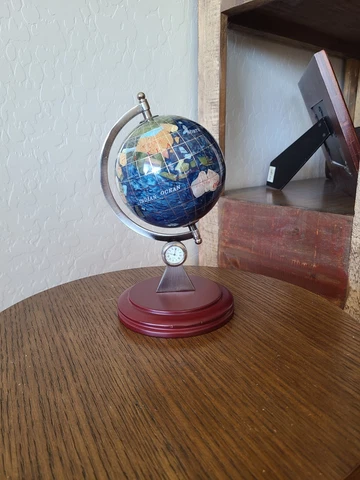 Semiprecious  Globe Quartz Clock  Oceans Blue/ Cherry Wood Stand  Beautiful. 9" Cover