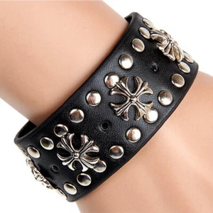 Men Women Rock Punk Wide Strap Leather Bracelet Buckle Wristband Adjustable Snap - Picture 1 of 12