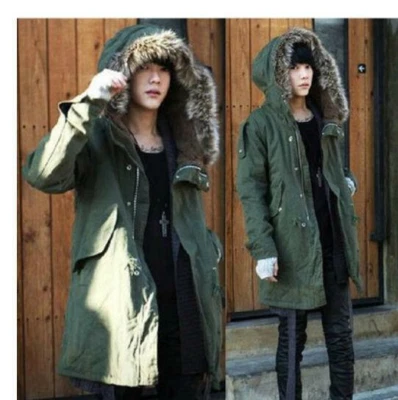 Men's Slim Korean Fur Collar Hooded Winter Thicken Trench Long Coat Jacket Parka - Image 1 of 4