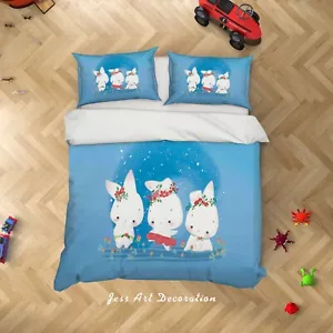3D Rabbit Cartoon Kids Blue Quilt Cover Set Duvet Cover Bedding Pillowcases - Picture 1 of 6