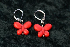 Orange Butterfly Charm Earrings Silver Plated Brass Leverback Earrings 1.25" - Picture 1 of 8