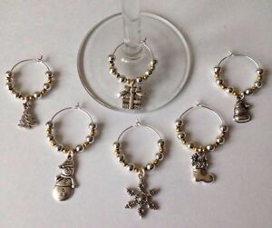 6 x Christmas Wine glass Charms, Come In A Pretty Organza Bag, Ideal Gift