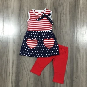 NEW Boutique Patriotic Ruffle Tunic Dress Leggings Girls Outfit Set 4th of July - Picture 1 of 7