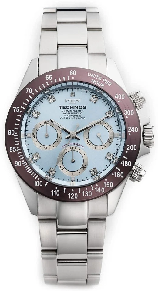 Technos Watch With Natural Diamonds Brown Ice Blue Chronograph T4B26RI Japan