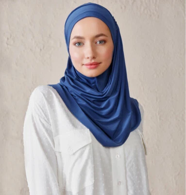 Xale Hijab Feminino Modefa Instant Wave Jersey Cachecol - Azul Denim - Imagem 1 de 3