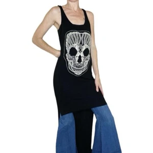 Rhapsody Retro Hi-Low Black & White Skull Embroidered Tank Top - Picture 1 of 7