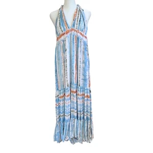 Watercolor Halter Backless Tiered Full Maxi Dress Blue Multi Goddess READ - Picture 1 of 10