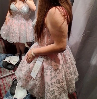 Size 12 Prom Dress Light Pink And Silver Sparkle Corset Lace back, Short Poofy - Image 1 of 2