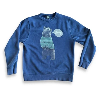 VINTAGE Stussy Sweatshirt Mens SM Blue Bear Crewneck Pullover SMALL S - Image 1 of 4