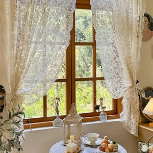 2 Stck. Französische Vintage Stickerei Spitze Beige Transparent Vorhänge für Fenster Kleine Fenster - Bild 1 von 22