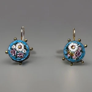 Antique 10k Gold & Brass Micromosaic Daisy Rosettes Dangle Drop 0.84” Earrings - Picture 1 of 16