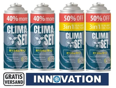 4x große Dose AC Clima Set 3in1 Dichtmittel Öl Kältemittel Ersatzgas R134A Klima - Bild 1 von 4