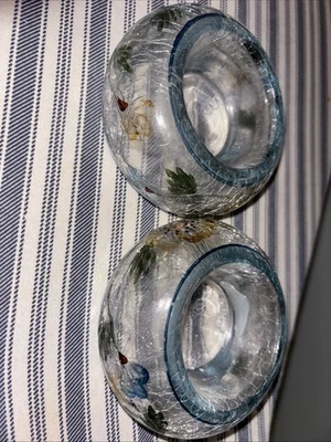 Beautiful Yankee Candle Co. Crackle Glass Blue  Floral Tealight Candle Holder - Image 1 of 3