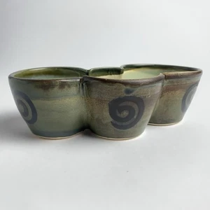 Studio Pottery Signed Triple Planter Olive Green Brown Spirals Motif Pottery Pot - Picture 1 of 9