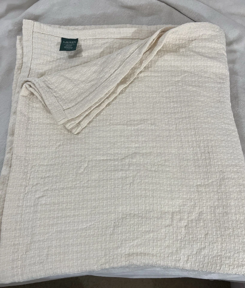 Ralph Lauren 100% Algodón Tejido Crema Algodón Talla King Manta Cobertor Excelente Foto 1 de 4