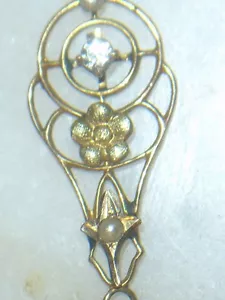 EDWARDIAN STYLE 10K. Y/G Necklace FILIGREE PENDANT DIAMOND AND PEARL - Picture 1 of 3