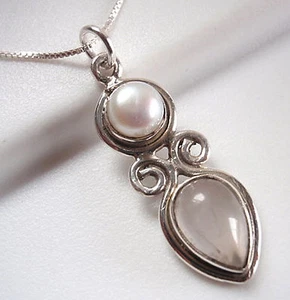 Cultured Pearl and Rose Quartz 925 Sterling Silver Necklace Corona Sun Jewelry - Picture 1 of 2