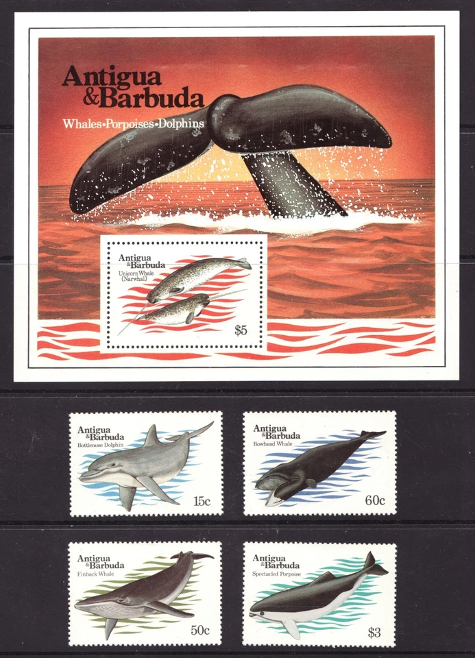 Antigua y Barbuda 1983 Sc# 703-07 s/s Ballenas conjunto de sellos postales MNH Cv$15,35 Foto 1 de 1