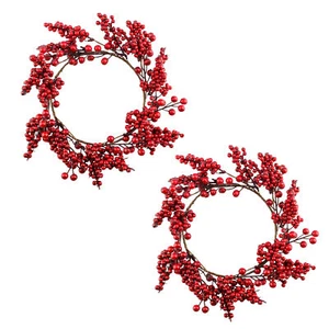 Christmas Greenery Candle Wreaths 2 Pk Red Berry; Holiday Winter/Wedding Rings - Picture 1 of 10