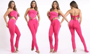 Women's Handkerchief Tube Top and Matching Asymmetrical Hem Pants Pink XS-3X - Picture 1 of 14