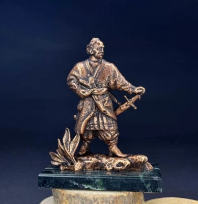 Ukrainian Statuette Cossack with a Cradle Copper Stand Indian Marble - Image 1 of 4