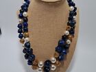 Vintage Blue Gold Pearls Necklace 2 Strand  Costume Jewelry