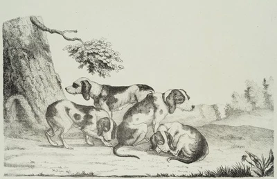 F. MEYER (19.Jhd), Junge Jagdhunde, um 1820, Lithographie Romantik Tiere - Bild 1 von 4