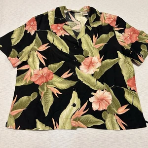 TOMMY BAHAMA Women’s Silk Linen Hawaiian Blouse Large L Black Floral - Picture 1 of 6