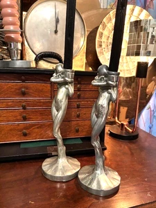 Par de Candelabros Art Deco Zarzaparrilla Frankart Desnuda Ninfa Dama Cromo - Imagen 1 de 15
