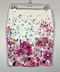 Ann Taylor Skirt Womens 8 Petite Cream Pink Floral Pencil Lined Slit Zip Up - Picture 1 of 6