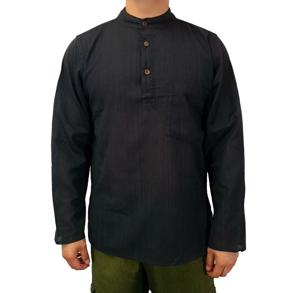 Мужская черная рубашка с длинным рукавом Kurta индийская одежда непальская простая этническая хиппи богемное - Изображение 1 из 1