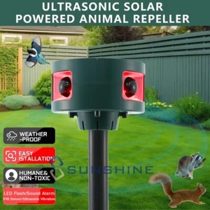 Solar Animal Repeller Ultrasonic Motion Activated w/ Flashing & Sound Recharge - Picture 1 of 16